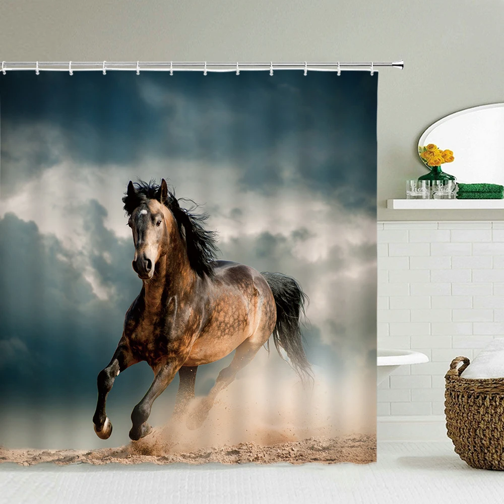 Animals Horse Shower Curtain Polyester Fabric 3d Printing Bathroom Curtain Waterproof With Hook Large Size 240X180 Bath Curtains