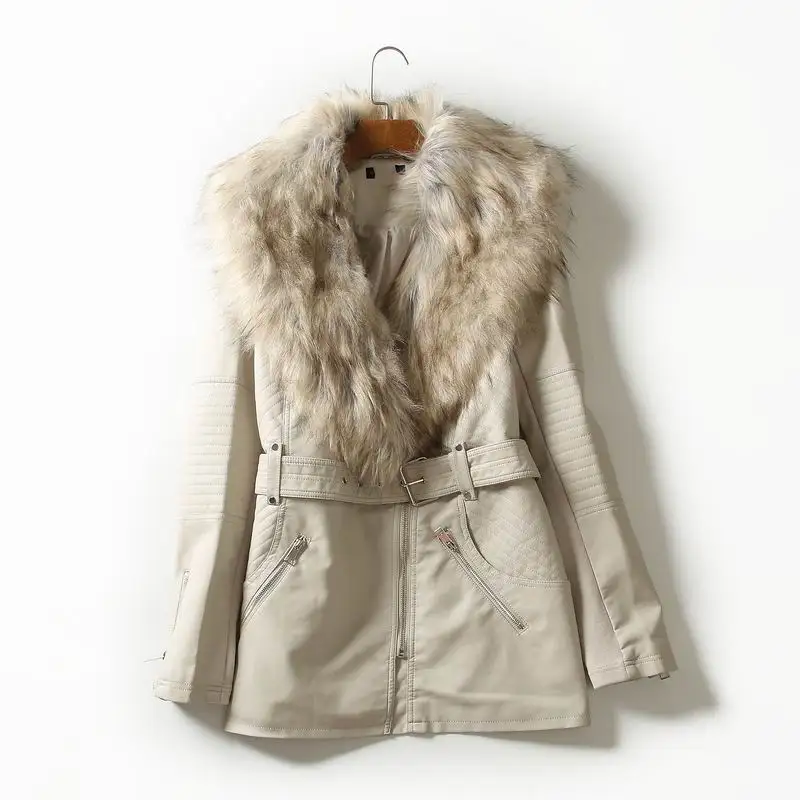Меховой воротник, пальто из искусственной кожи, съемный для женщин, отложной воротник, куртка-бомбер, Толстая теплая ветрозащитная, плюс размер, винтажное кожаное пальто