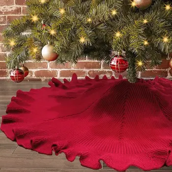 

48 Inch Wrinkled Curl Christmas Tree Skirt Red Knit Mat Cover Ornament Holiday Party Decoration