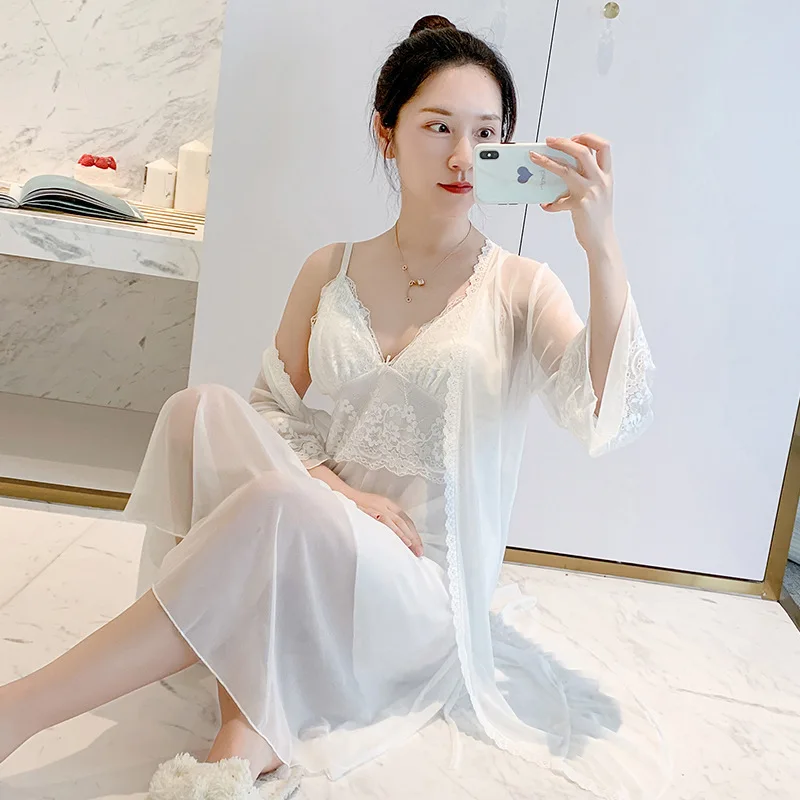 Для женщин осень пол с длинным рукавом ночная рубашка Шелковый комплект из двух
