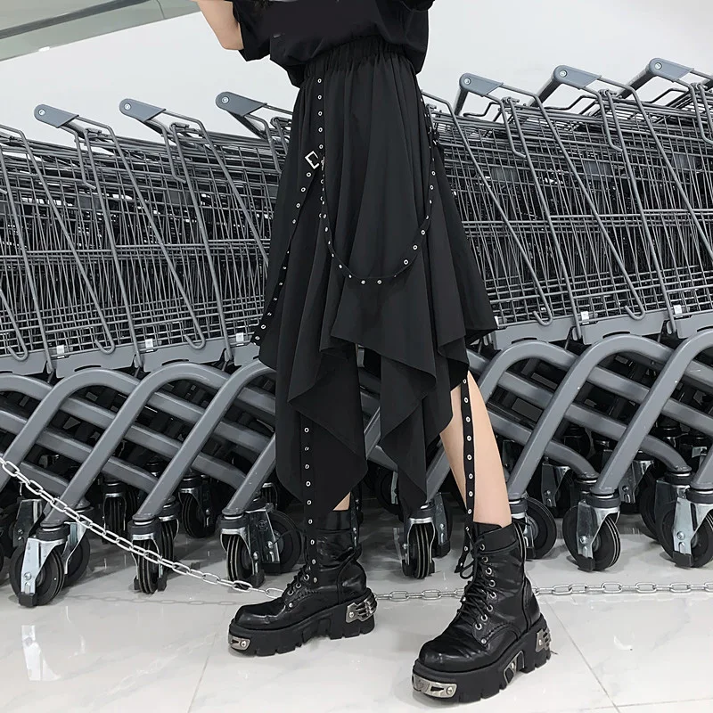 Пружинные ленты Harajuku панк стиль юбки для женщин высокая талия сплайсинга нерегулярные Готический юбка мода до середины икры уличная одежда