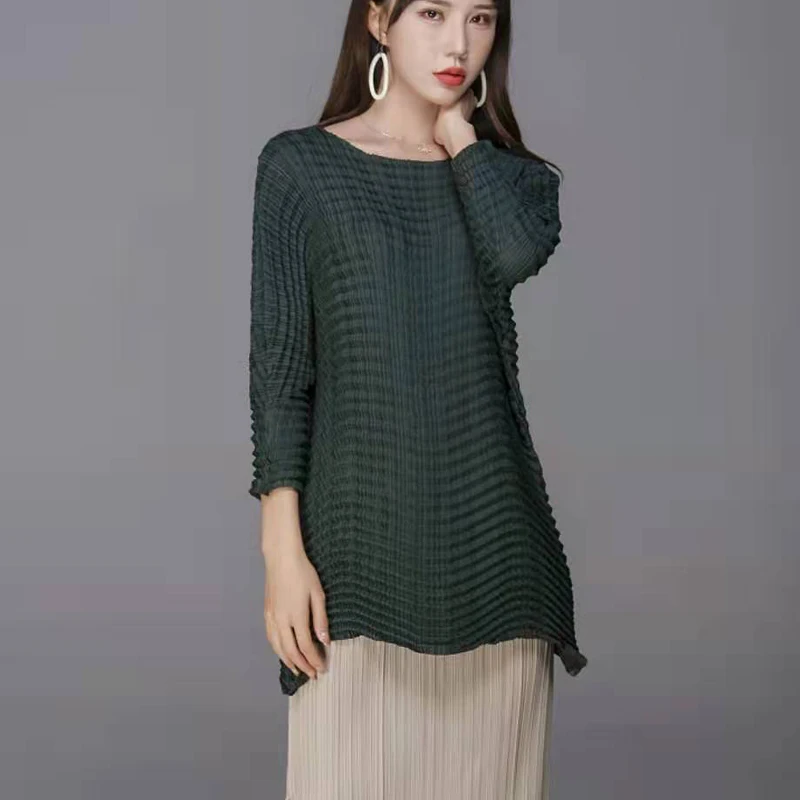 Dark green Changpleat Весна сплошной Женский Топ футболки Miyak плиссированные модные с o-образным вырезом Свободные Большие размеры 3/4 рукав женская футболка - Цвет: Dark green
