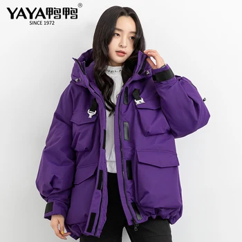 

YAYA Winter Women High Quality Down Jacket Thicken Warm Hooded Duck Liner Wide-waisted Big Pocket Purple White Black Coat