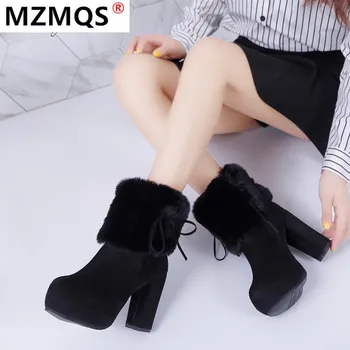 

2020 New Winter Women's Boots Fashion Zipper Square-Heel Platform Suede Boots Round Toe Super High Heel Women's Ankle Boots