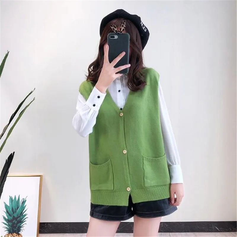 Spring autumn horse clips vest women new Korean loose tops V collar knitt student sweater cardigan coat female sleeveless vest