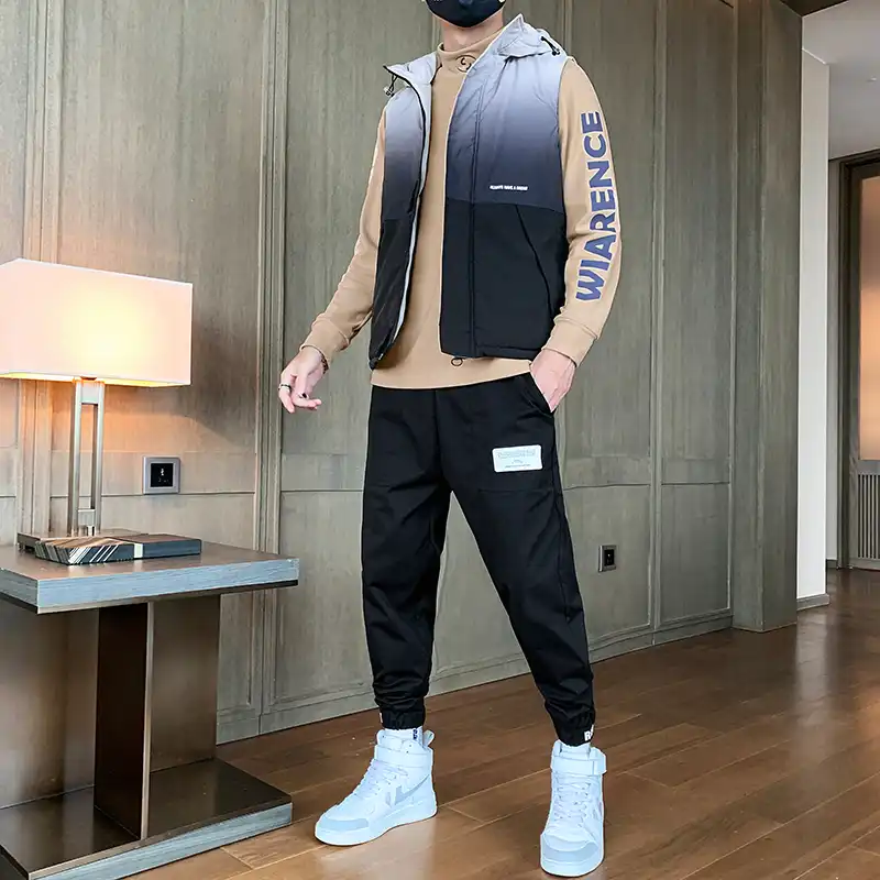 3個フード付き冬スーツ男性セットファッションプリントベスト パーカー パンツスーツカジュアルスポーツウェアセットメンズトラックスーツ秋 メンズセット Aliexpress