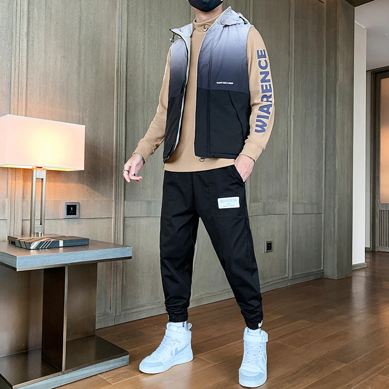 3PCS Hooded Winter Tracksuits Men Set Fashion Printed Vest+Hoodies+Pants Suit Casual Sportswear Mens Track 2020 Autumn | Мужская одежда