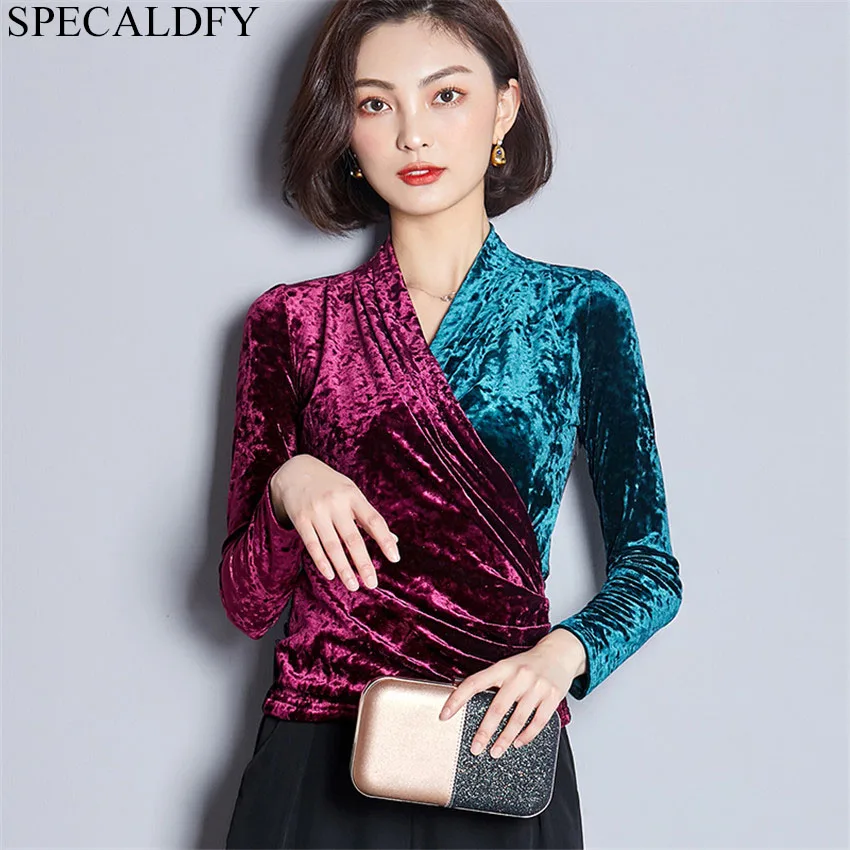 

2019 Autumn Winter Vintage Patchwork Velvet Blouse Women Tops Front Cross Slim Basic Blouses Shirt Plus Size Blusas Mujer
