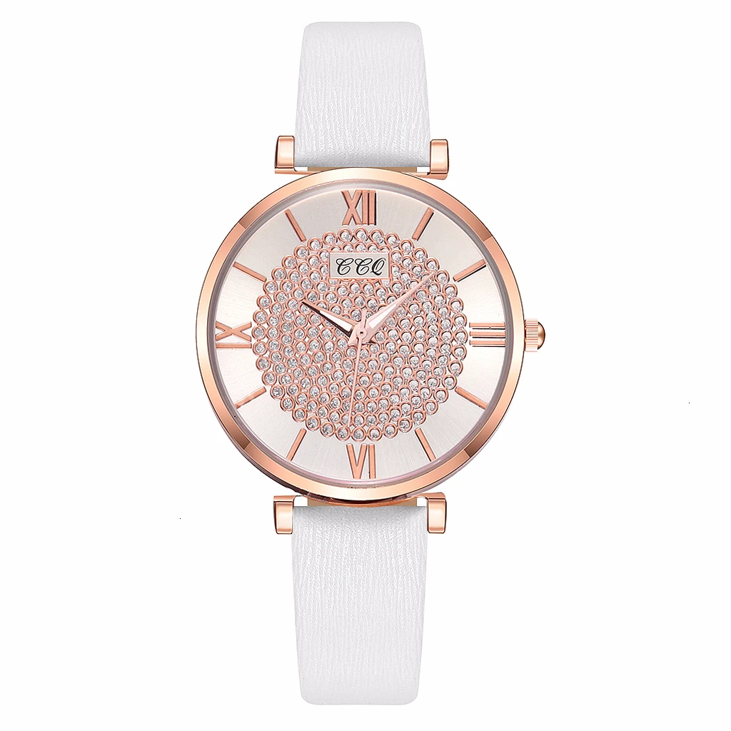 Горячая Распродажа женские кожаные часы с бриллиантами роскошные женские кварцевые часы CCQ подарочные часы Relogio Feminino - Цвет: white