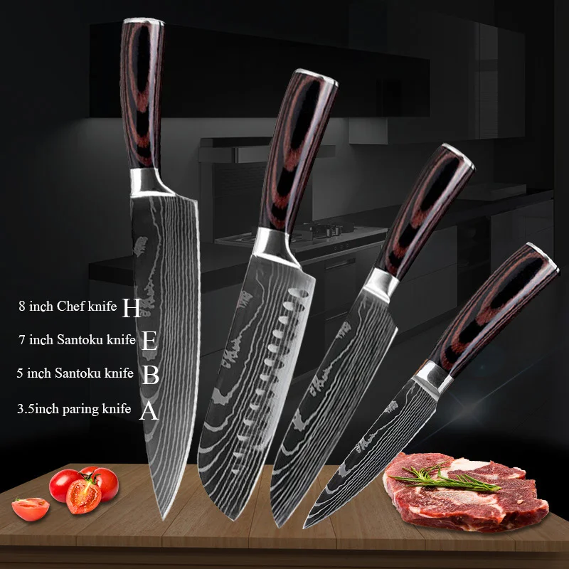 4PCS value set 1 Набор кухонных ножей, профессиональные японские поварские ножи 7CR17 из высокоуглеродистой нержавеющей стали, нож для овощей и мяса Santoku - Цвет: 4PCS value set 1