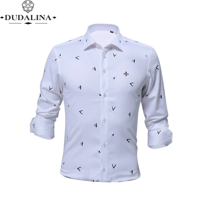 Принт Геометрическая Мода Blusa Camisa Social Masculina Dudalina длинный рукав тонкая рубашка мужская одежда с цветочным рисунком пуловер Белый мужской