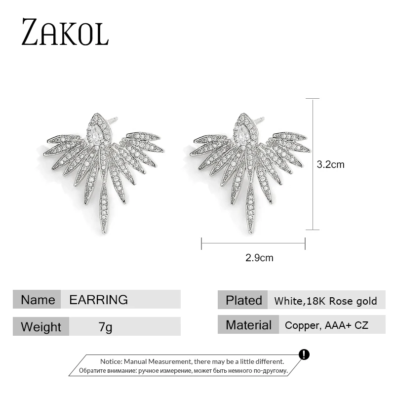 ZAKOL 2020 Elegant Feather Shape White Gold Color High Quality Cubic Zirconia Jewelry Party Stud Earrings for Women FSEP2539