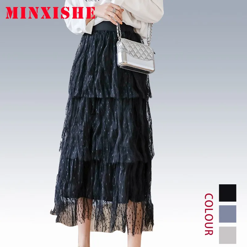 Юбки jupe femme женские осенние пачка Midi Длинные плиссированные плисады сетчатые тюлевые черные каскадные ретро юбки с высокой талией женские