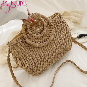 

Gusure Handmade Straw Bags for Summer Women Crossbody Bags Rattan Straw Made Round-Handle Handbags Lady Travel Large Totes
