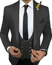 Mens 3- Pic Suits Blazer Vest Pants Double Breasted Flat Slim Wool Groomsman Blazer+Pant+Vest