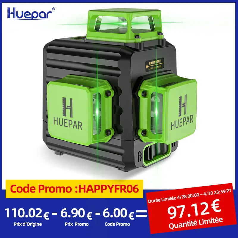 Huepar 3D Cross Line Self-leveling Laser Level 12 lines Green Beam Li-ion Battery with Type-C Charging Port & Hard Carry Case