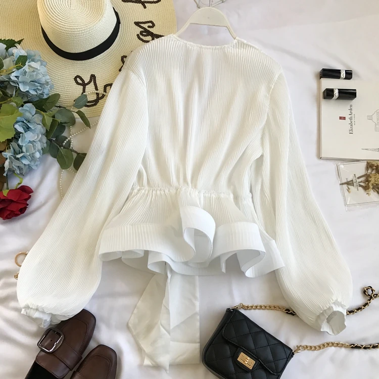 Women Elegant Long Sleeve Blouse Shirt Sexy V Neck Pleated Ruffles Blusa Sashes Vintage Women Blouse Spring Fashion Shirt Top Blusas (4)