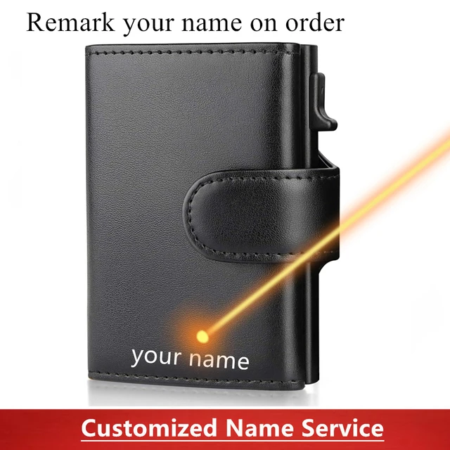 2022 Fashion Aluminum Credit Card Wallet RFID Blocking Trifold Smart Men Wallets 100% Genuine Leather Slim with Coin Pocket Black(Name Service)