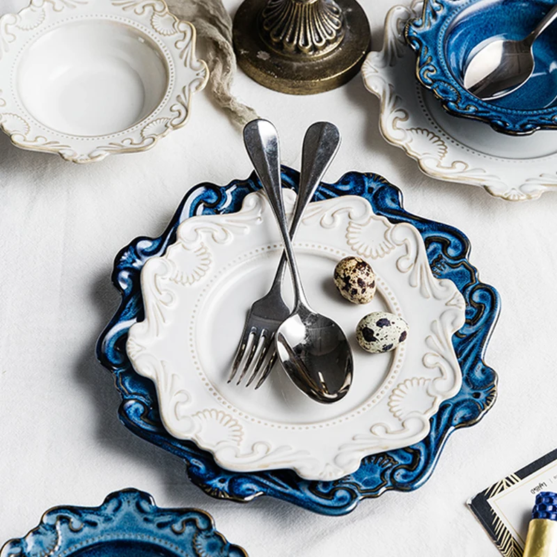 Европейский ретро рельеф керамическая тарелка барокко синий белый столовая посуда Западный стейк десерт блюдо круглые кухонные чаши посуда