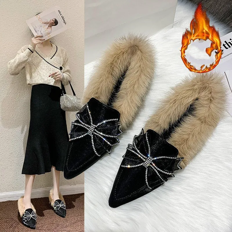 

The New High Heels Women Shoes Party Butterfly-knot Fashion Pointed Toe Slip-On Square Heel Winter Plush Bling Med (3cm-5cm) PU