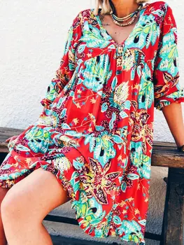 

New Fashion Women Long Sleeve Summer Boho Printed Floral Beach Casual Caftan Loose Tunic Beach Mini Dress Summer Dress