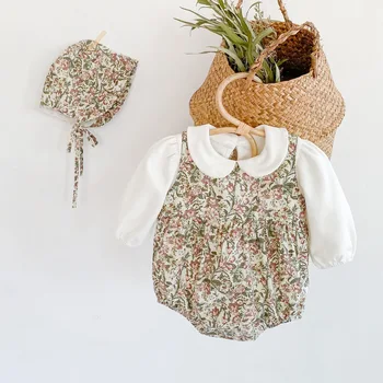 

5023 Autumn Baby Bodysuit 3 Piece Girl Floral Cotton Suit Creeper Three Piece Bottoming Suit Vest Romper And T Shirt And Hat