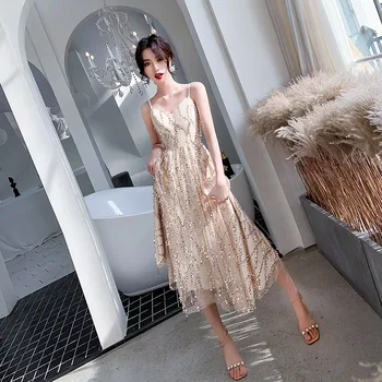 

Spaghetti Strap Evening Party Dress Women New Champagne Sequins Temperament Cheongsam Elegant Chinese Dresses Vestidos De Festa
