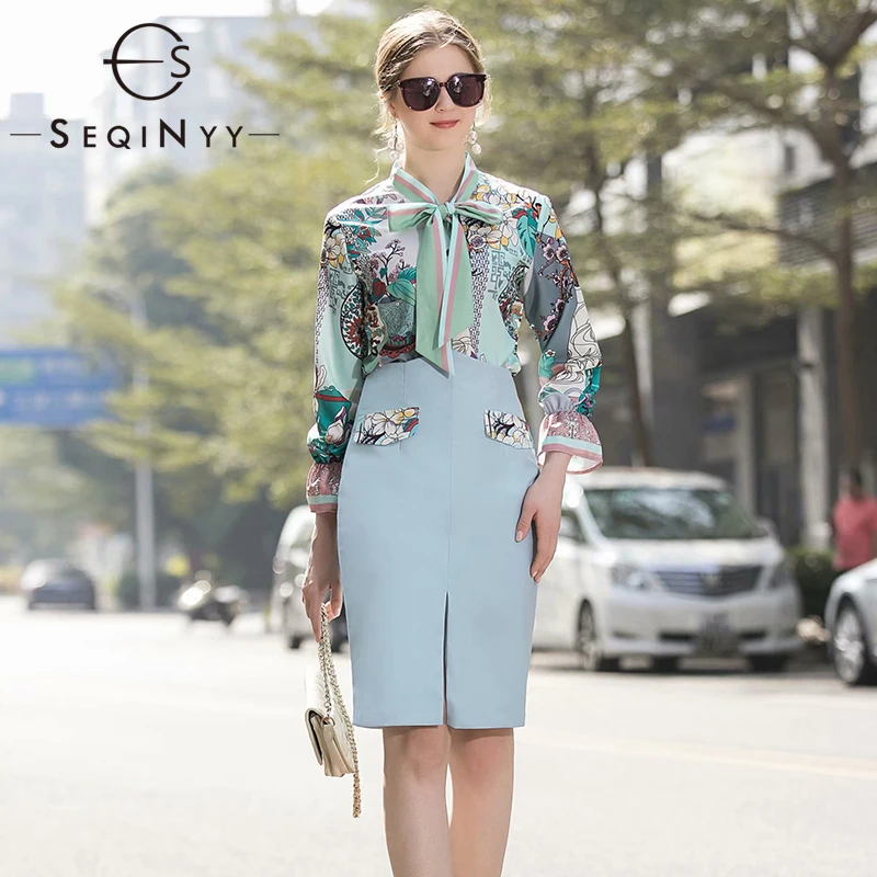 

SEQINYY Sky Blue Set 2020 Summer Spring New Fashion Design Women Flowers Printed Shirt + Sheath Knee Skirt Office Lady Suit