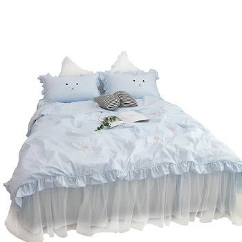 

Free shipping 100%cotton lace princess ruffles embroidered rabbit bedding set 3/4pcs twin full queen king size bed skirt MR