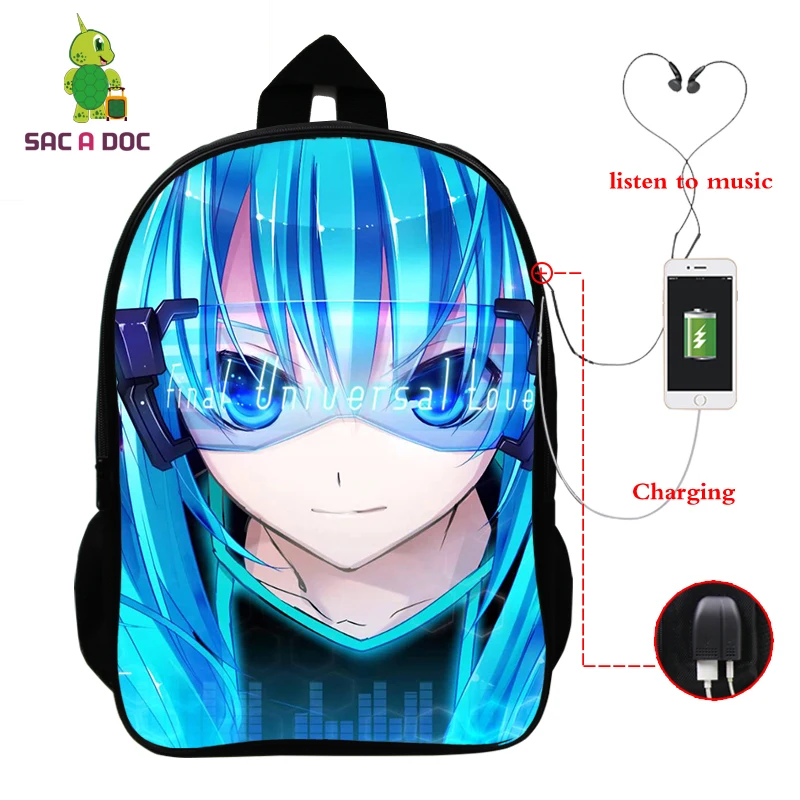 Многофункциональный рюкзак VOCALOID Hatsune Miku, зарядка через usb, разъем для наушников, для ноутбука, для подростков, мальчиков, девочек, школьные рюкзаки для косплея