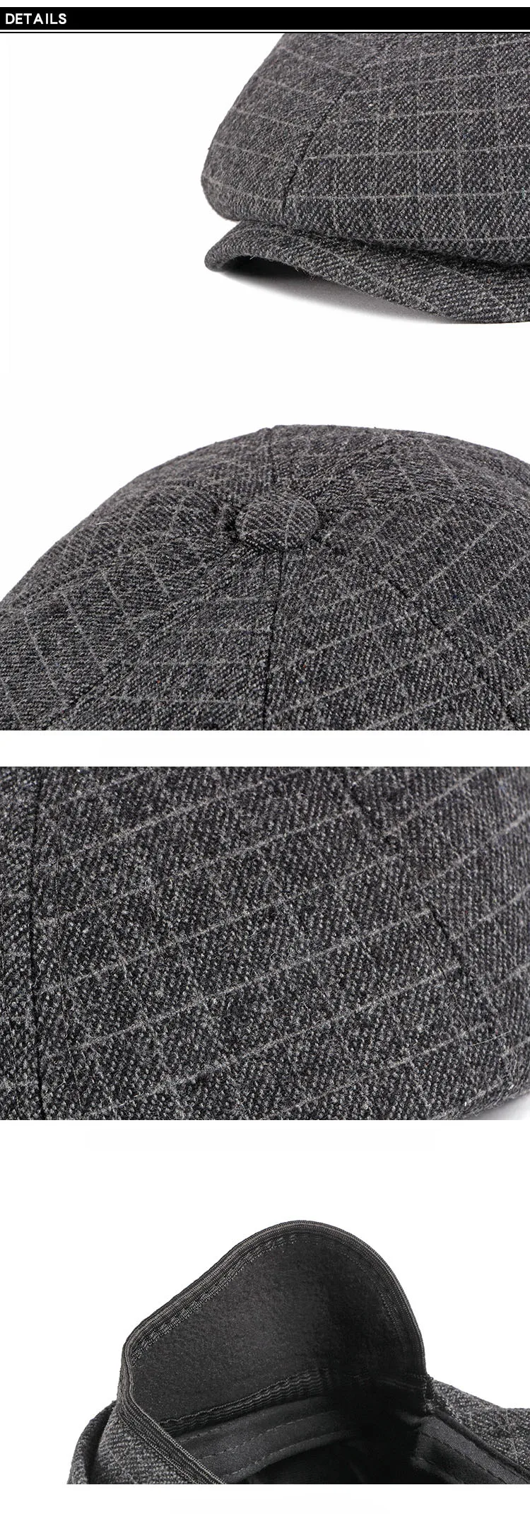 Fibonacci в клетку; одежда из 8 панелей с закруглёнными краями и пуговицей сверху шапки для Для мужчин восьмиугольная осень-зима утепленные Бекхэм с узором в виде плюща Французский Берет Шапки