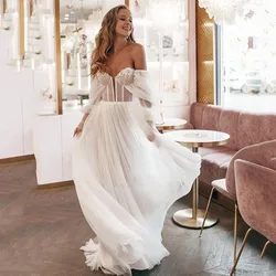 Sexy 2022 Bohemian Wedding Dress Off The Shoulder Long Sleeves Beading Country Bridal Gowns Puff Boho Marriage Party Dresses