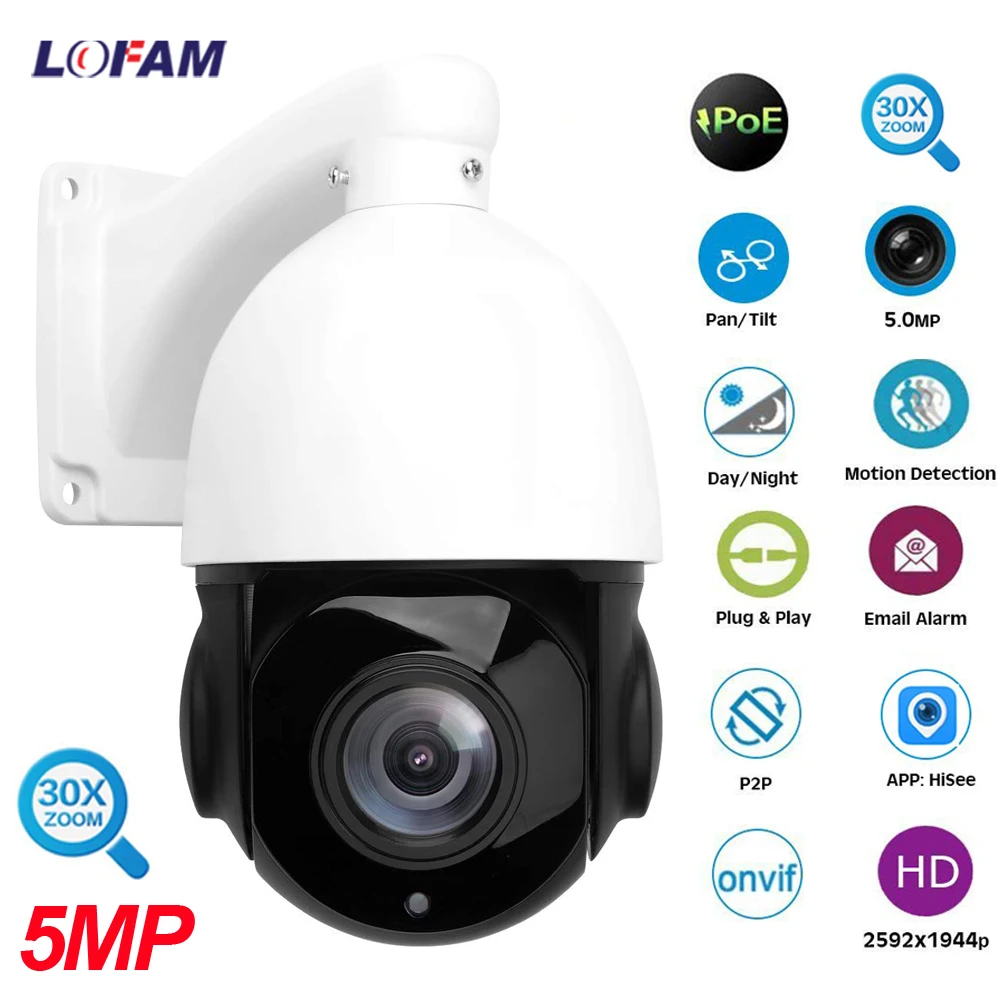 LOFAM 5MP 1080P 2MP poe ptz IP камера Открытый День Ночь сеть IPC Onvif скорость купольная