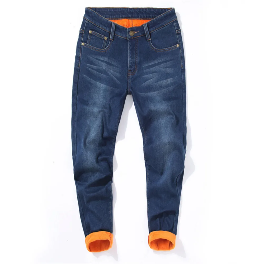 Demin Jeans Men Winter Warm Men's Brand Stretch Straight Jean Casual Thicken Flannel Fleece Pants Wash Jeans Plus Size 46 48