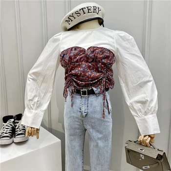 

Woman Blouse 2020 Spring New Retro Floral Print Stitch Ruffle Drawstring Round-Neck Puff Sleeve Shirt Blusas Feminina Short Tops