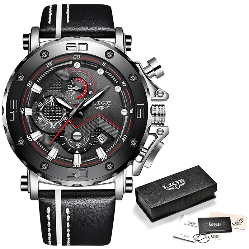 LIGE Neueste Leder Herrenuhr, топ, роскошный, для милитари, спортивный, для мужчин, с хронографом, Relogio Masculino - Цвет: Silver black