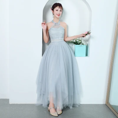 Long Dress Grey Цвет шампанского, розовый, синий, белый, бальное платье без рукавов, вечерние, длина до колен, Бальное Короткое Платье Для подружки невесты creme, новогоднее вечернее платье - Цвет: Long Dress Grey