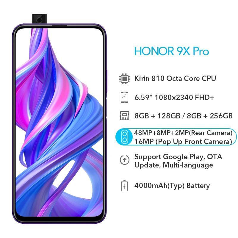 Смартфон Google Play Honor 9X Pro, 8 ГБ, 128 ГБ, 256 ГБ, Kirin 810, LiquidCool, 4000 мАч, 6,59 МП, тройная камера дюйма, 16 Мп, всплывающая камера