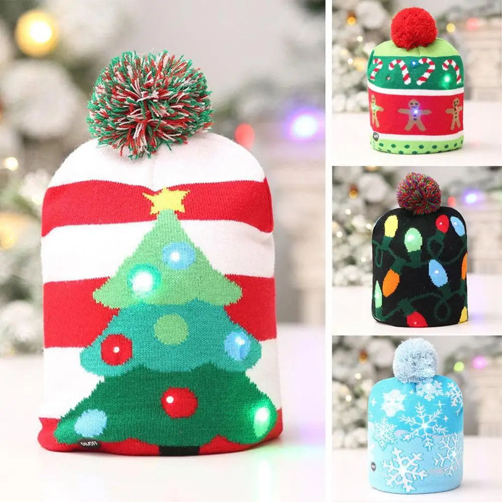 LED Christmas Beanie Ugly Christmas Sweater Christmas Hat Beanie Light Up Knitted Hat for Children Adult Christmas Party#D
