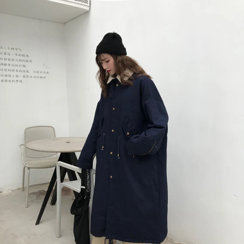 Плюшевое пальто для девочек зимнее пальто с искусственным Lambwool плащ-Тренч теплое толстое длинное пальто Для женщин Свободные ветровка черный камуфляж однотонный наряд строки на талии