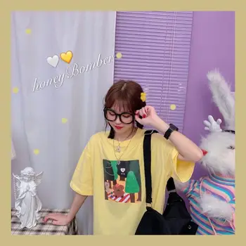 

Retro Short sleeve T-shirt Female Japanese Summer 2020 Teen Girls Student Harajuku Loose Bear Print pullover Tops College style