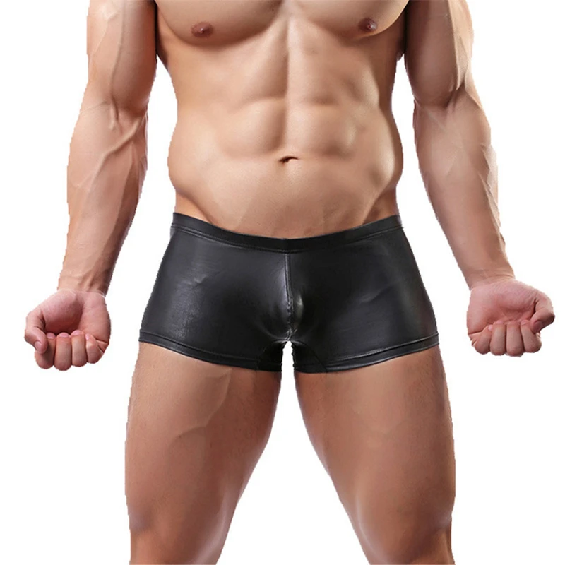 

Sexy underwear cueca boxers Men faux leather shorts EU size Solid Men's Skinny boxers Sexy Plus Size Gay U Pouch Tight shorts
