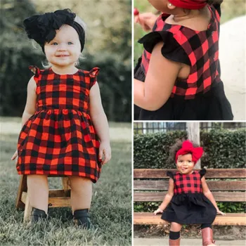 

Hot Sale Newborn Baby Girls Clothes Red Black Plaid Dress For Girls Toddler Kids Party Pageant Dresses
