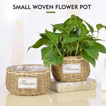 

Plant Fiber Rattan Flower Pot Sundries Basket Cosmetics Straw Storage Box Wicker Crafts Living Room Home Office Table Decoration