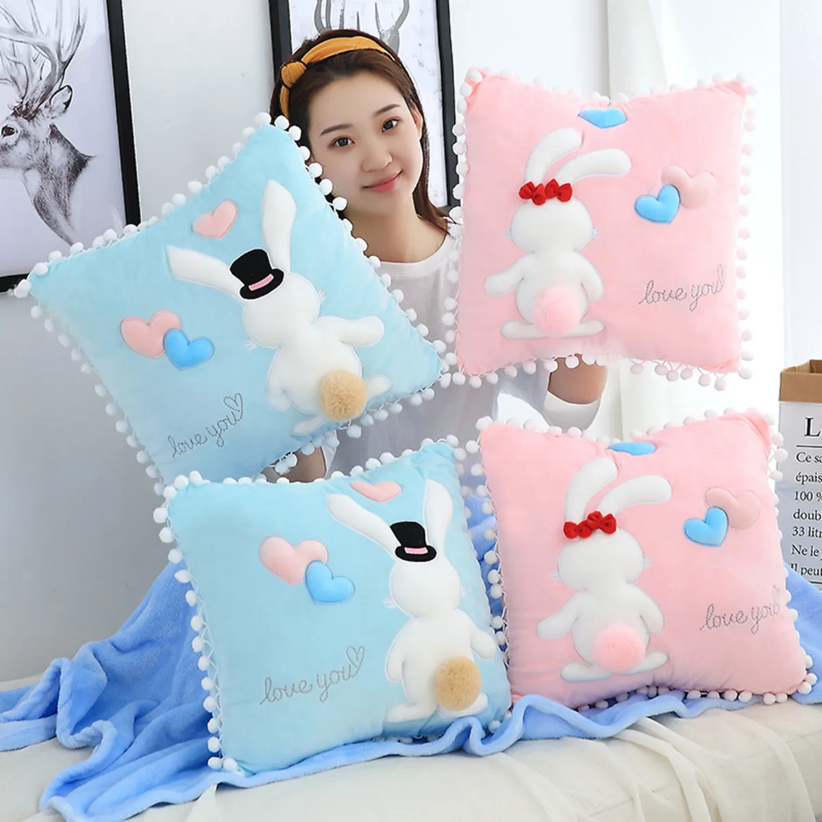 

Pillow Blanket Dual Purpose Cartoon Pillow And Blanket Rabbit Office Cushion Cover Software Pillow Cushion Coral Fleece Blanket