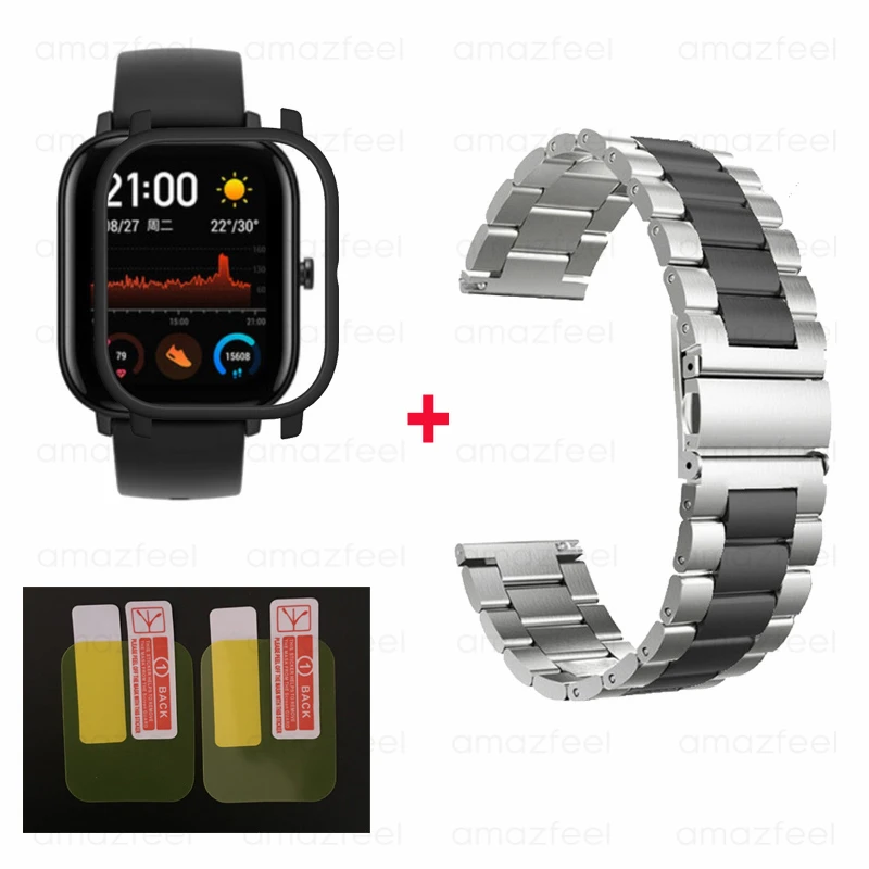 silver black-black 4в1/упаковка умные часы аксессуары для Amazfit GTS ремешок браслет для Huami Amazfit gts чехол Защитная пленка для экрана ремешок на запястье - Цвет: silver black-black