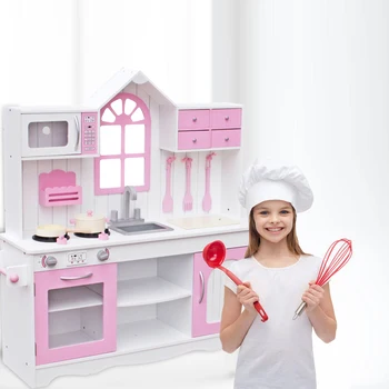 

Kids Wood Kitchen Toy Cooking Pretend Play Set Toddler Wooden Playset with Kitchenware Pink