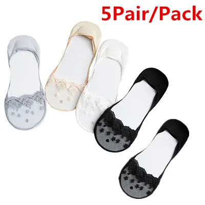 Each Color 1Pair 3/5 пар, летние носки-башмачки для женщин, тонкие кружевные короткие носки, модные удобные эластичные невидимые короткие нескользящие носки-башмачки для девочек - Цвет: Each Color 1Pair