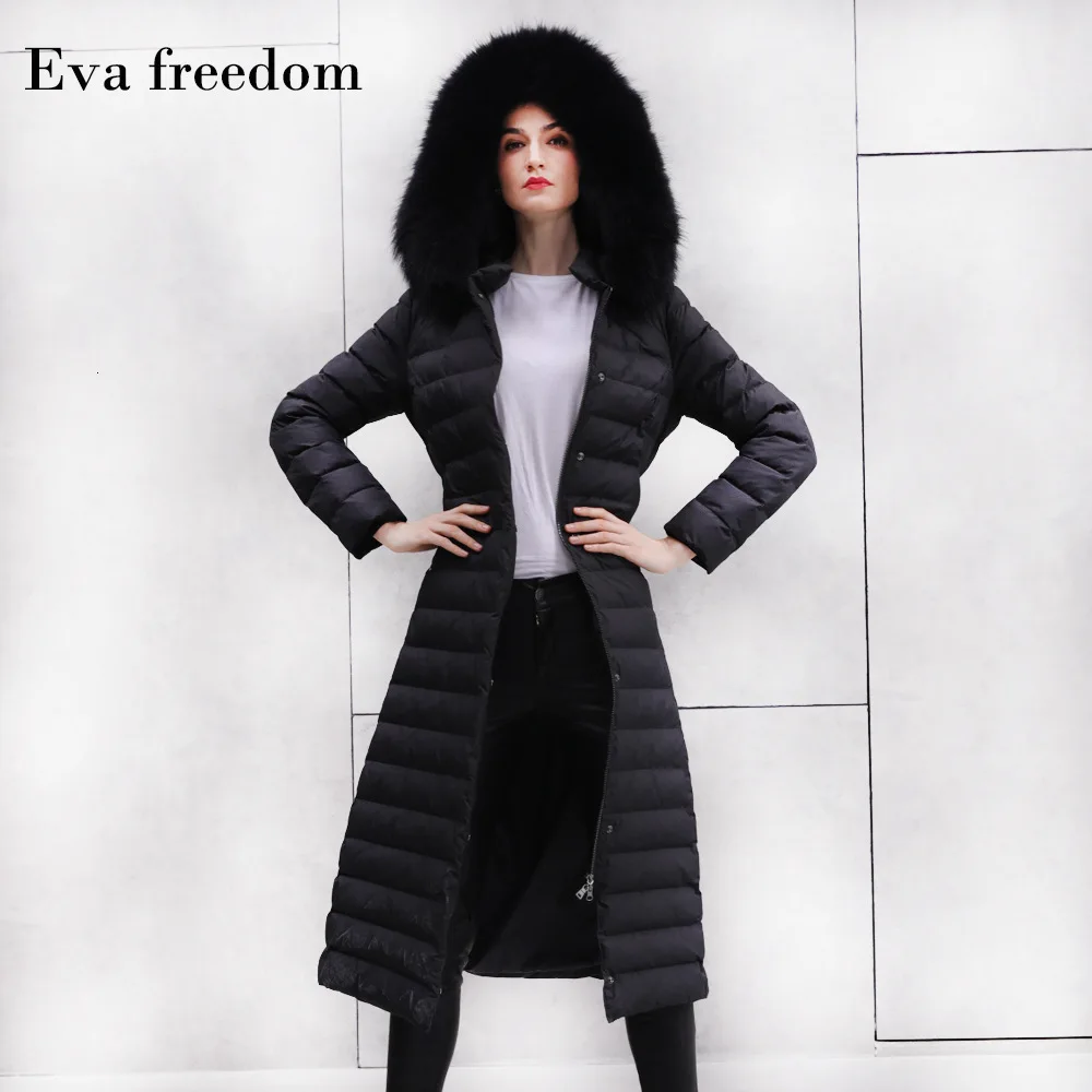 Winter warm over knee length loose women down coat hooded raccoon fur hooded down jackets women winter 19008
