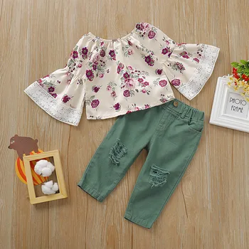 

Pudcoco Toddler Baby Girl Clothes Off Shoulder Flower Print Flare Sleeve Tops Ripped Long Pants 2Pcs Outfits Clothes